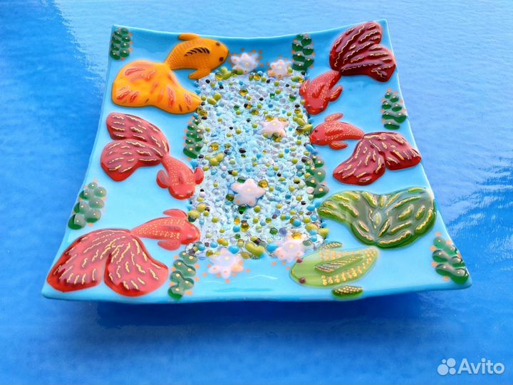 Тарелка с рыбками из стекла. Фьюзинг