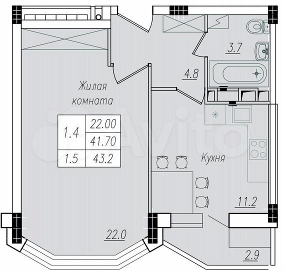 1-к. квартира, 43,2 м², 3/10 эт.