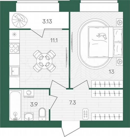 1-к. квартира, 38,4 м², 3/10 эт.
