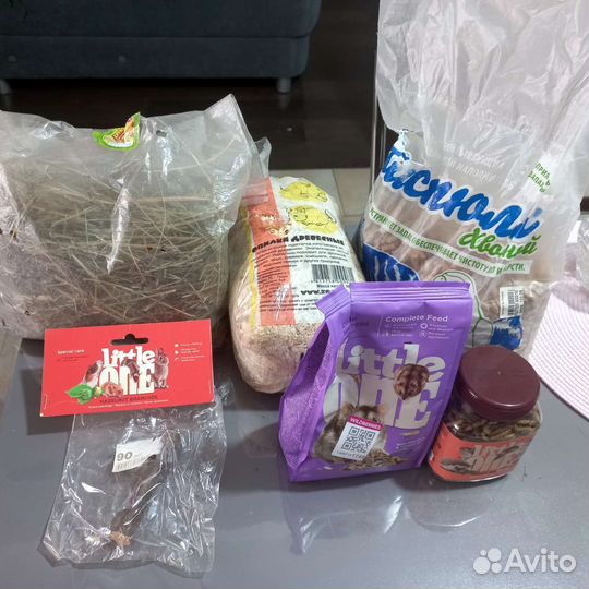 Корм, лакомства, наполнитель для хомяка, остатки