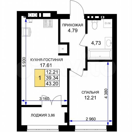 1-к. квартира, 43,2 м², 6/7 эт.