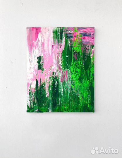 Картина абстракция зеленая розовая