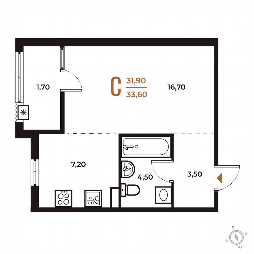 Квартира-студия, 33,6 м², 2/8 эт.