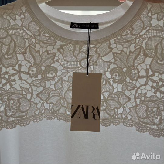 Zara Белая футболка с кружевом М