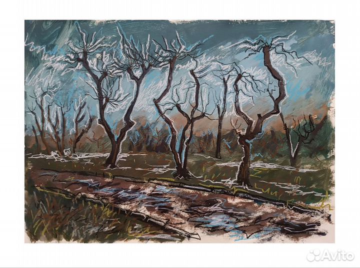 Картина в раме, акрил, масляная пастель, 50х70