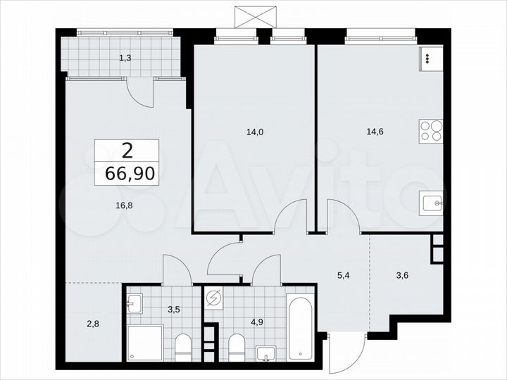2-к. квартира, 66,9 м², 4/16 эт.