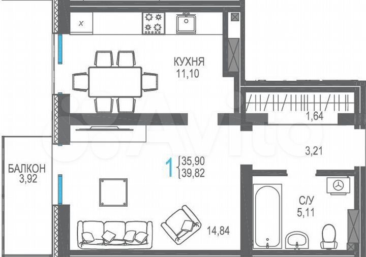 1-к. квартира, 39,8 м², 6/16 эт.