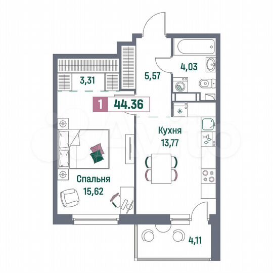 1-к. квартира, 44,4 м², 13/16 эт.
