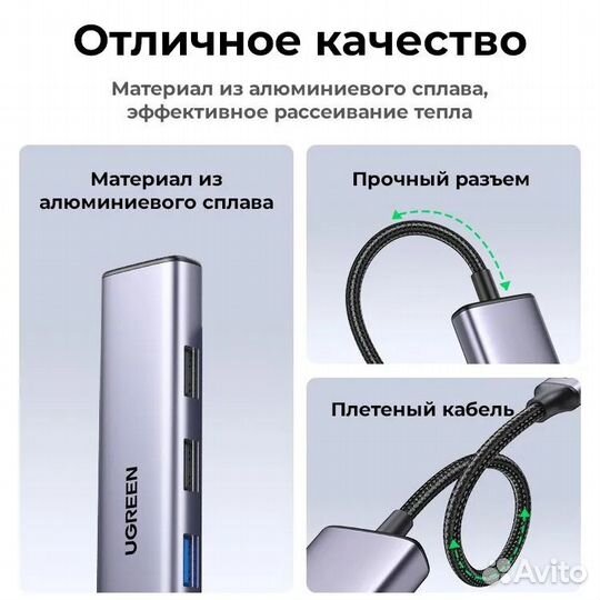 Концентратор Ugreen CM478 (20955) USB-C 5в1 4K30Hz