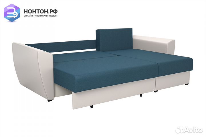 Диван угловой выкатной София синий / белый