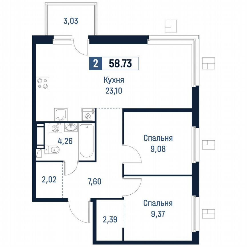 2-к. квартира, 57,8 м², 7/18 эт.