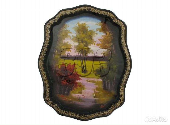Поднос жостовский Летний пейзаж (фигурный) (7423)