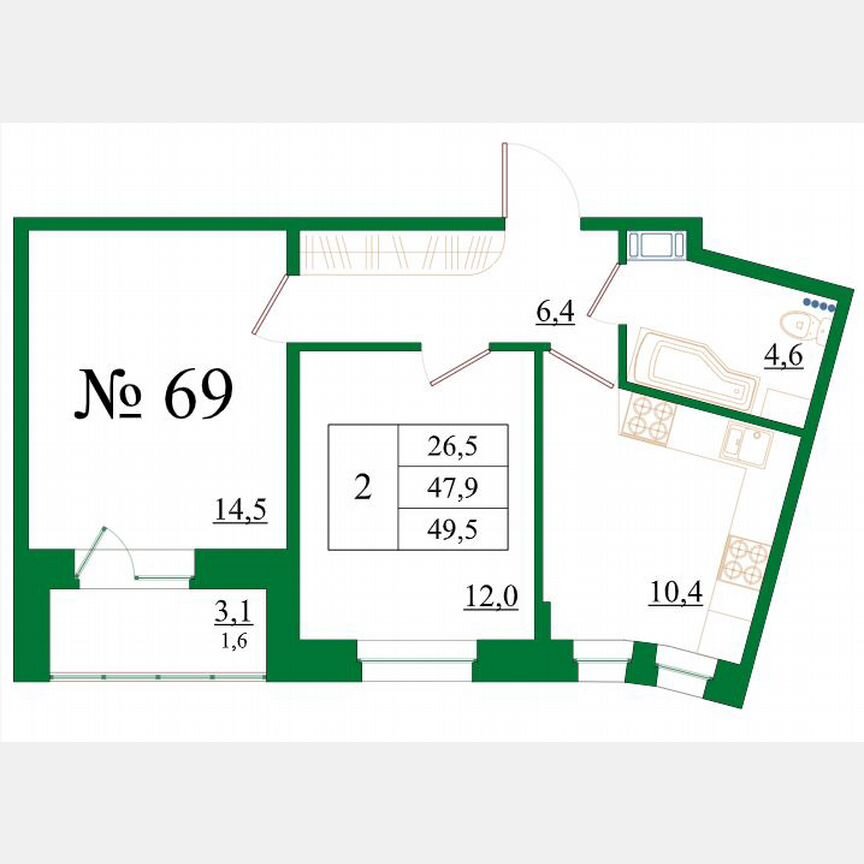 2-к. квартира, 49,5 м², 8/8 эт.