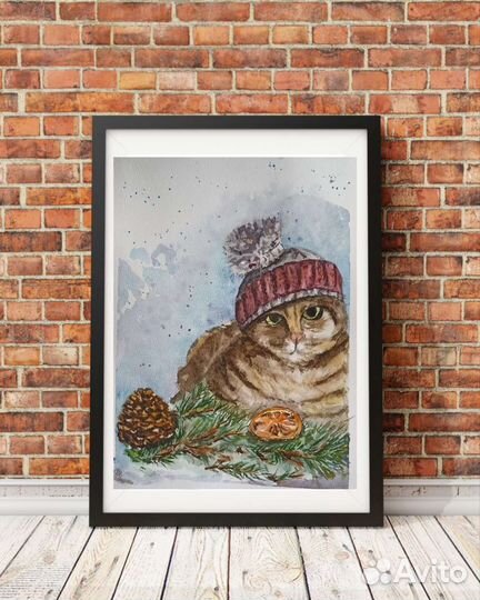 Картина акварелью Новогодний кот