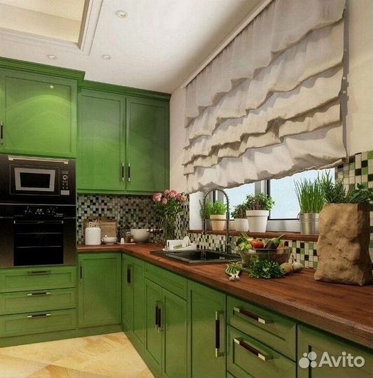 Зеленая кухня, кухонный гарнитур