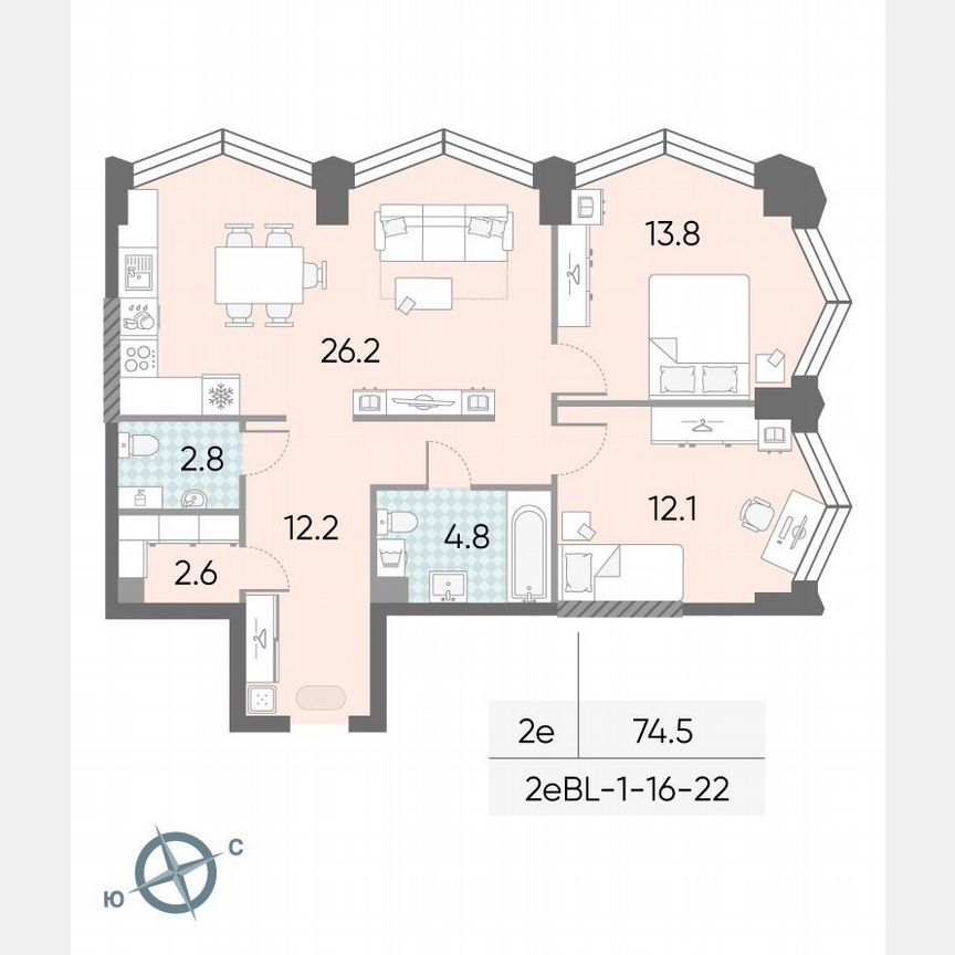 2-к. квартира, 74,5 м², 18/43 эт.