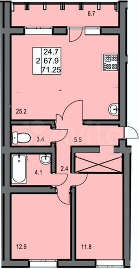 2-к. квартира, 71,3 м², 3/9 эт.