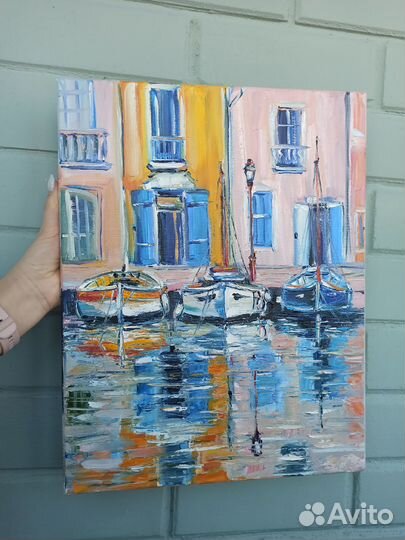 Картина лодки город маслом на холсте пейзаж 35х45