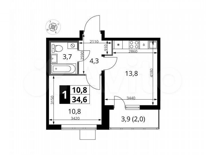 1-к. квартира, 34,4 м², 22/24 эт.