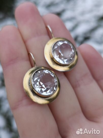 Серьги, брошь, СССР, серебро 875, горный хрусталь