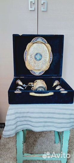 Серебряный, позолоченный набор для коньяка.Эмаль