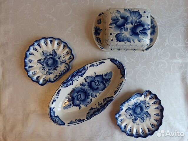 Посуда СССР Гжель блюдо для рыбы блюдца