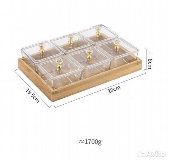 Менажница стекло с подносом дерево 4 и 6 шт