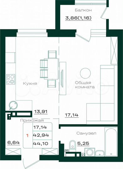 1-к. квартира, 44,1 м², 9/17 эт.
