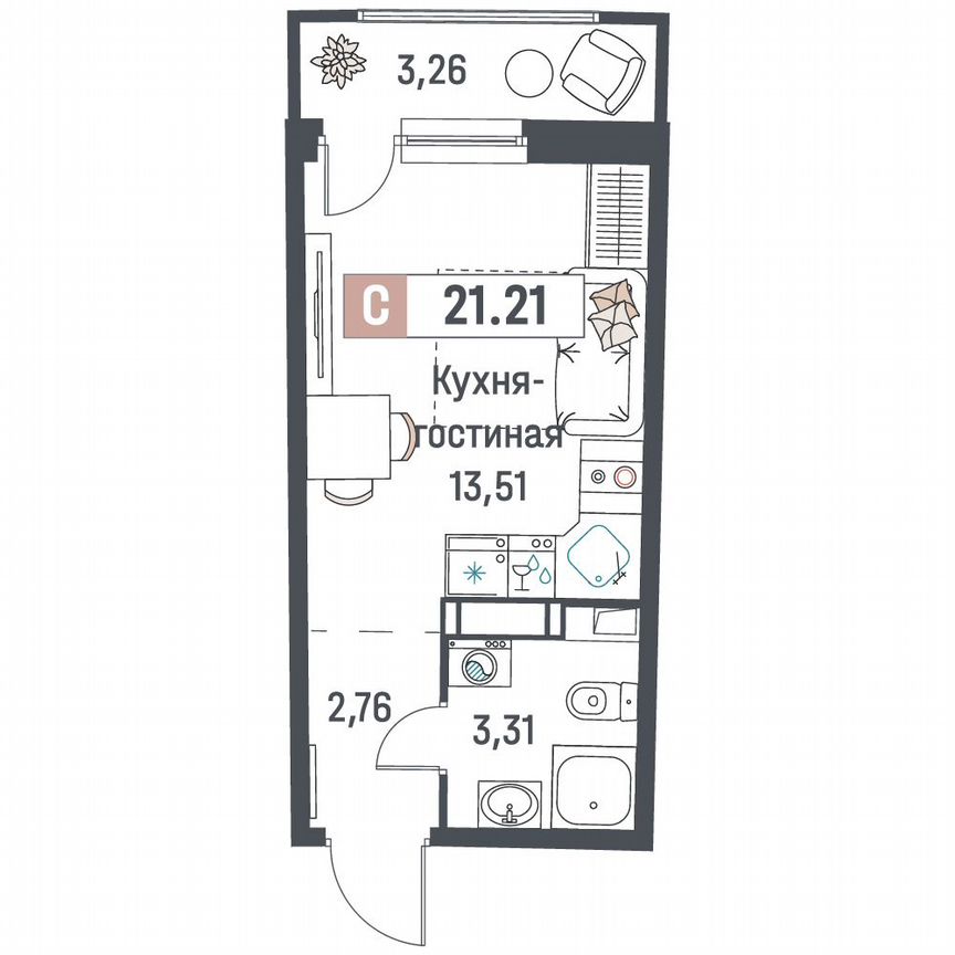 Квартира-студия, 21,2 м², 13/18 эт.