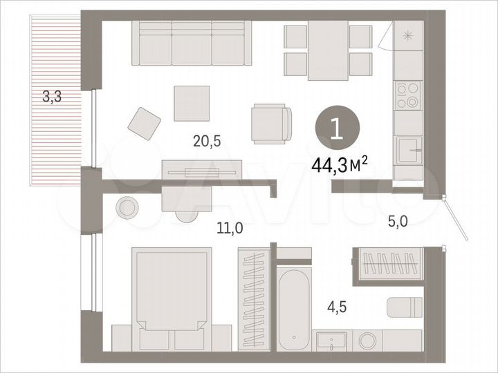 1-к. квартира, 44,3 м², 5/17 эт.