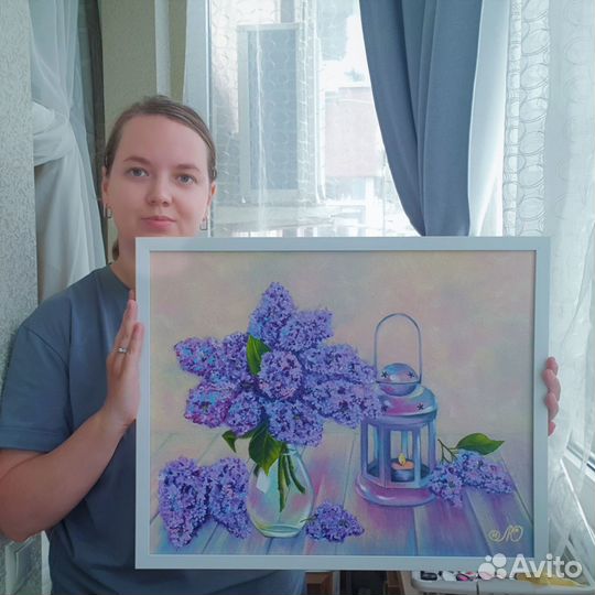 Картина маслом в раме Нежный натюрморт с сиренью