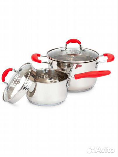 Набор посуды 4 пр. серебристый/красный