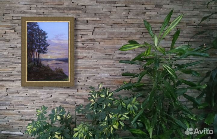 Картина лесной пейзаж маслом Закат на озере