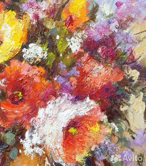 Букет цветов в вазе картина маслом на холсте 27х41