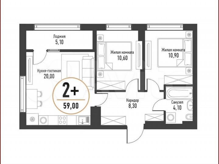 2-к. квартира, 59 м², 9/10 эт.