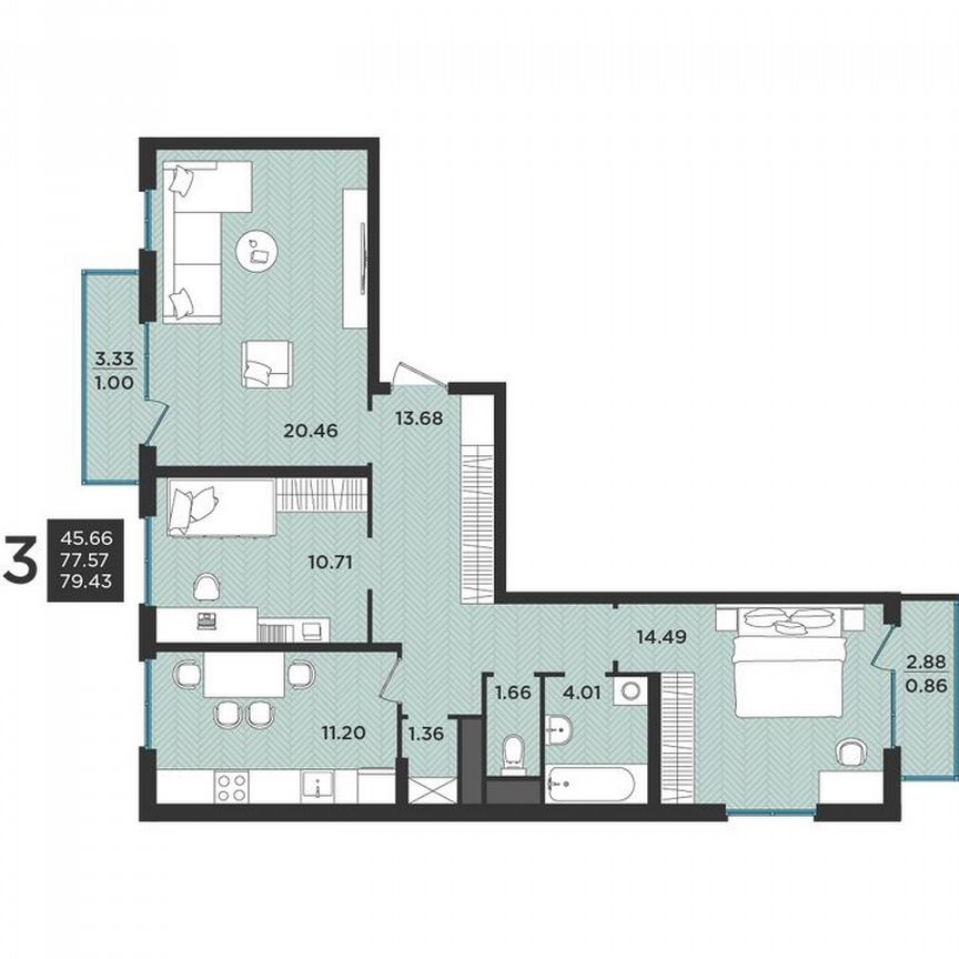 3-к. квартира, 78,9 м², 3/3 эт.
