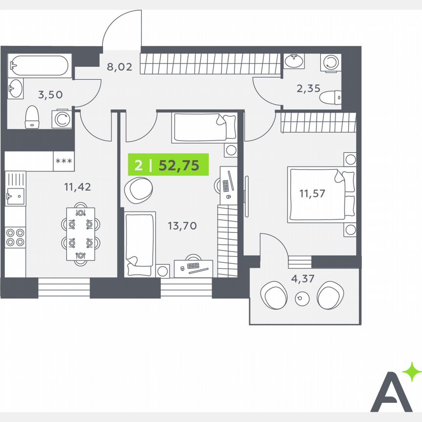 2-к. квартира, 52 м², 9/12 эт.