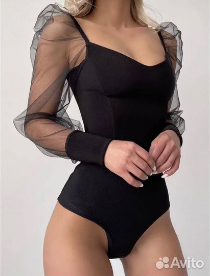 Боди женское черное с рукавом фанариком