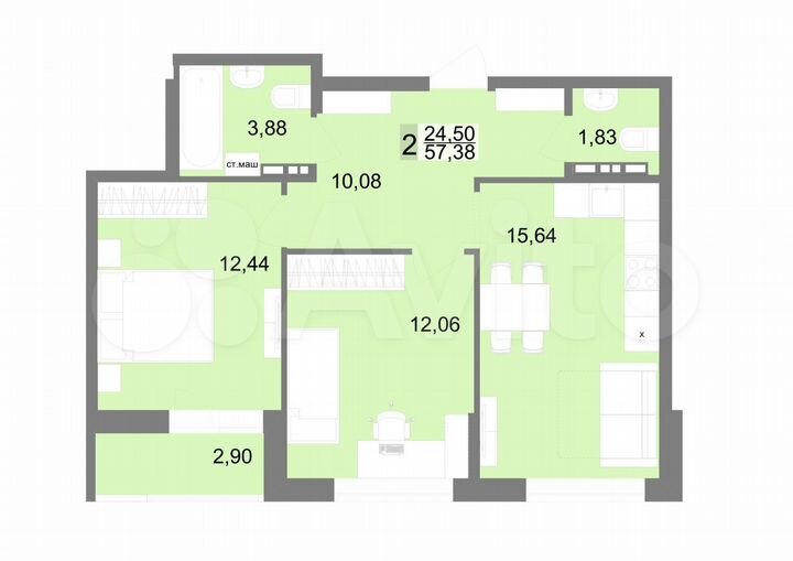 2-к. квартира, 57,4 м², 6/23 эт.