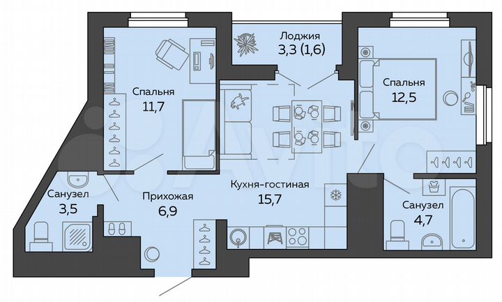 2-к. квартира, 56,5 м², 24/25 эт.