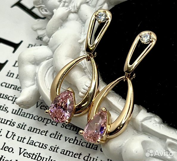 Серьги розовый кристалл, покрытие золото, новые