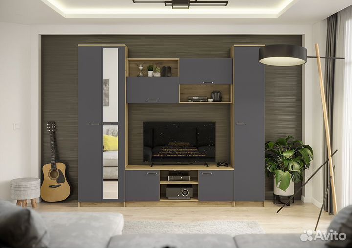 Стенка в гостиную горка Герда Дуб Крафт Серый