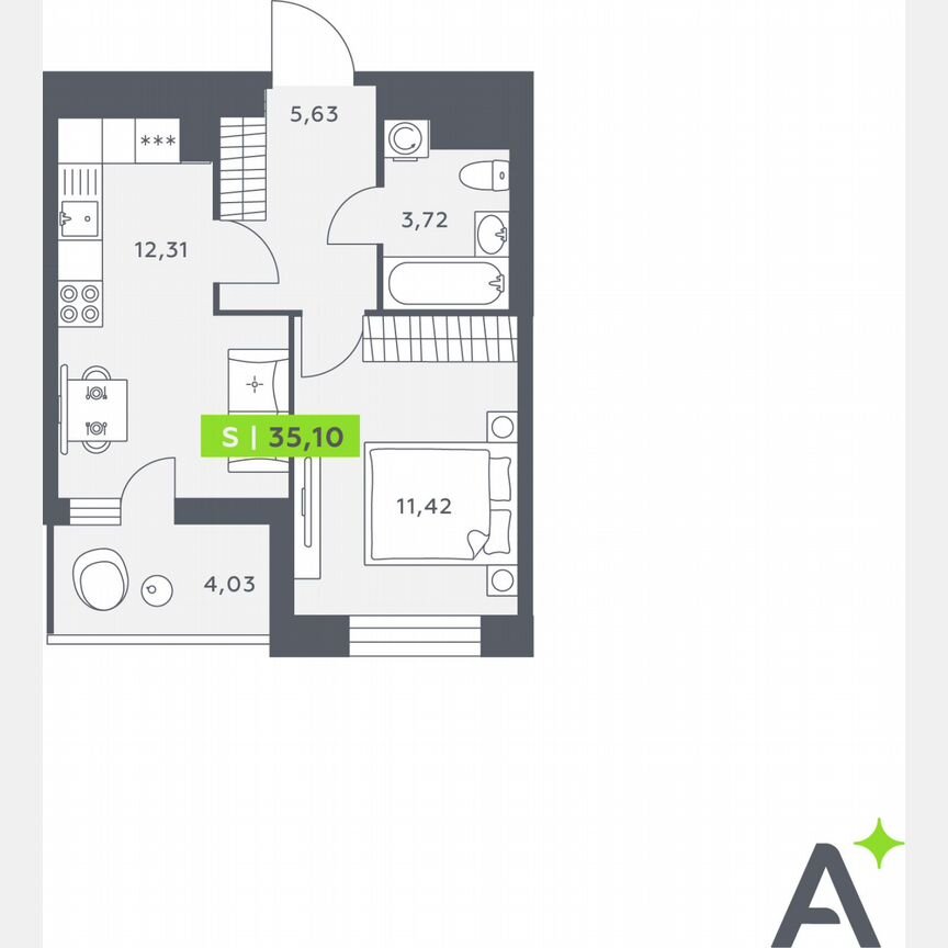 1-к. квартира, 35,1 м², 4/12 эт.