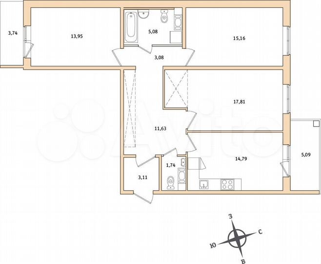 3-к. квартира, 86,9 м², 8/8 эт.