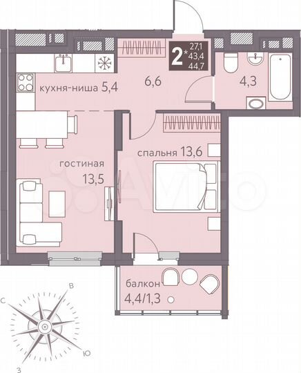 2-к. квартира, 44,7 м², 7/16 эт.