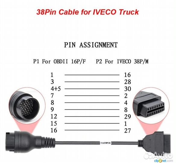 Переходник на сканер iveco obd2 - 38 pin