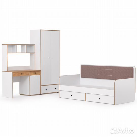 Вуди мебель в детскую с кроватью с ящиками № 38, цвет белый премиум/дуб крафт золотой/саванна латте
