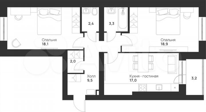 2-к. квартира, 74,4 м², 3/5 эт.