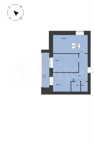 2-к. квартира, 58,9 м², 1/8 эт.