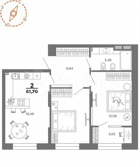2-к. квартира, 61,7 м², 3/22 эт.